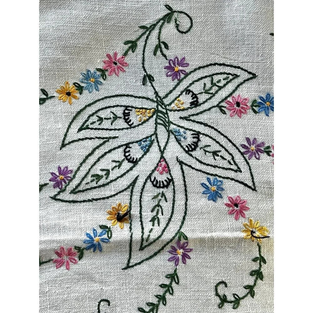 Vintage Hand-Embroidered Floral Table Runner Blue Crocheted Lace Edge 32